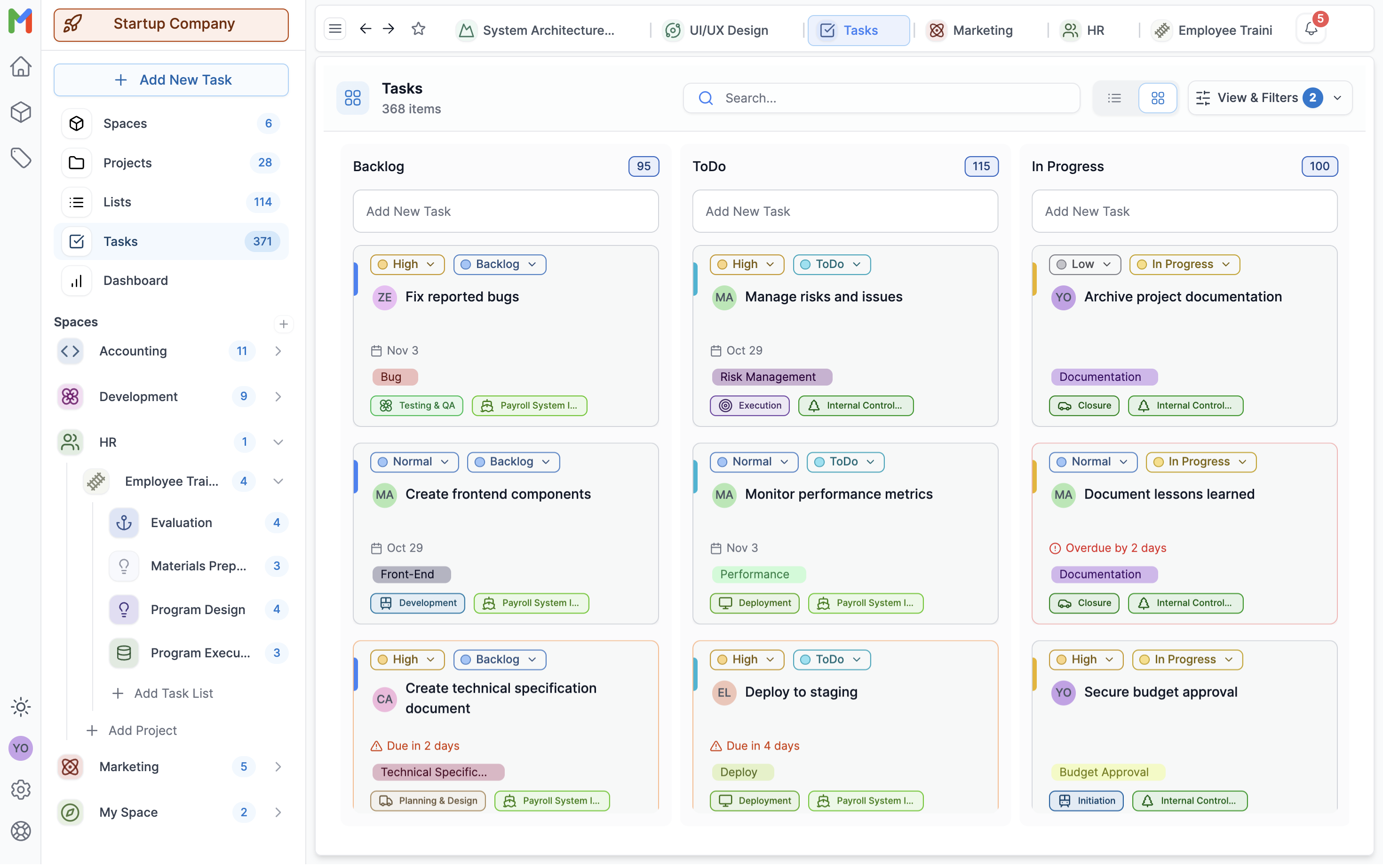 Mosic Kanban board showing Development space projects organized in columns from Backlog to In Progress to In Review with priority indicators