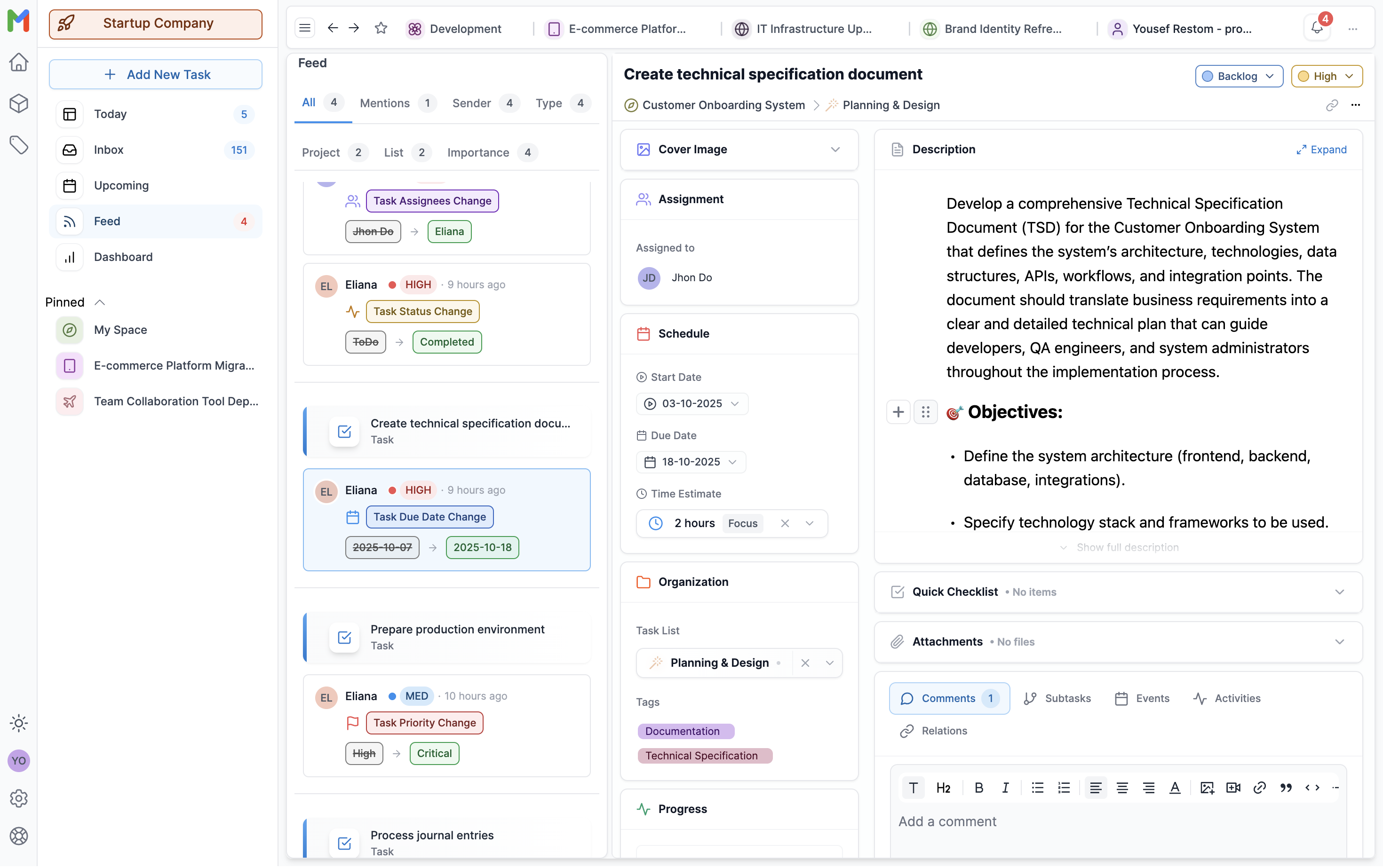 Mosic activity feed with smart filtering options showing All, Mentions, Sender, and Type filters for async team collaboration