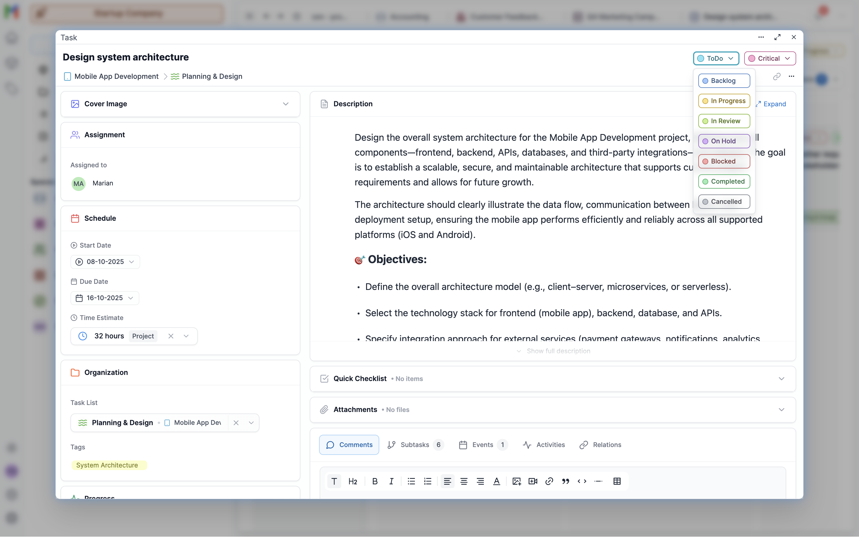Mosaic task list showing 6 priority levels from Low to Blocker with color-coded badges and status indicators