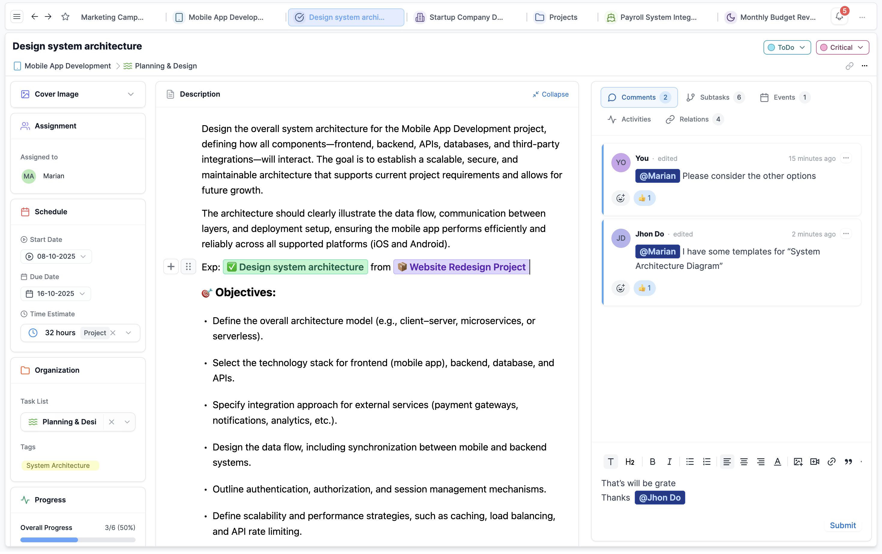 Mosaic activity feed showing real-time task updates, comments, and user actions with timestamps