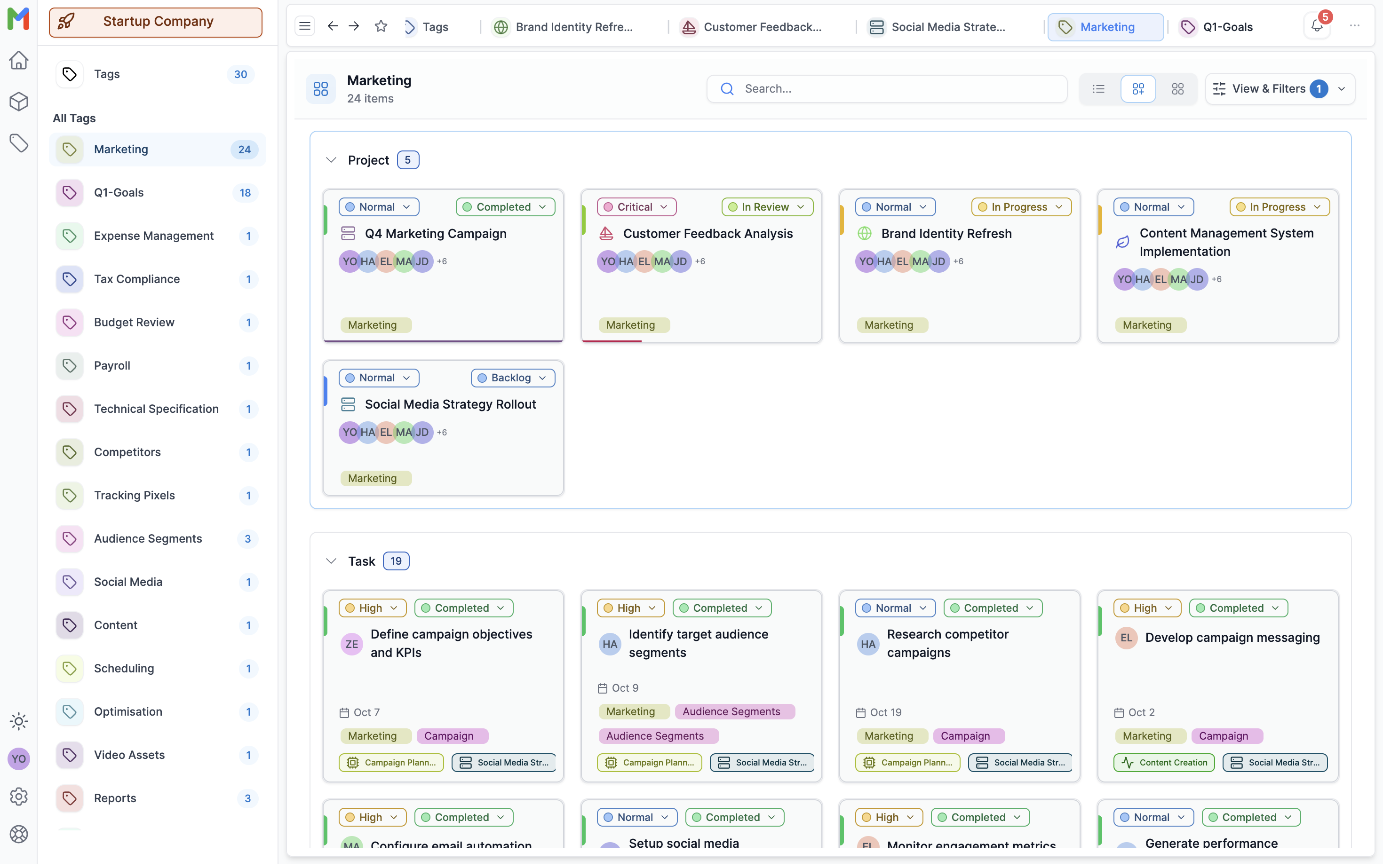 Mosaic today page showing color-coded priority tags, project labels, and assignee avatars for task organization