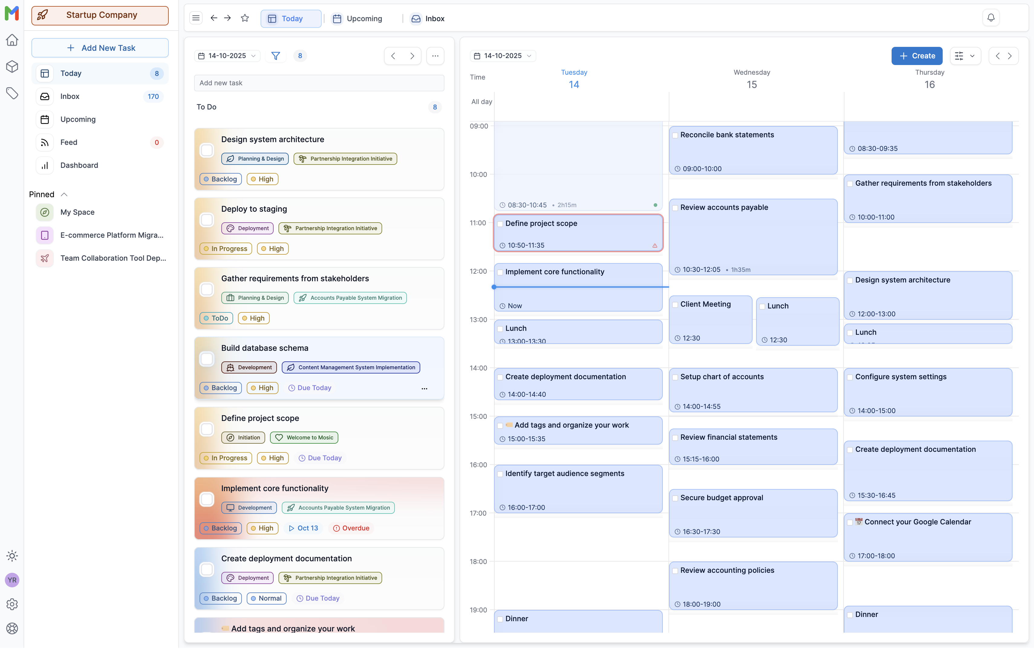 Mosaic time blocking calendar for freelancers showing day-themed client work blocks with visual task scheduling from Today page