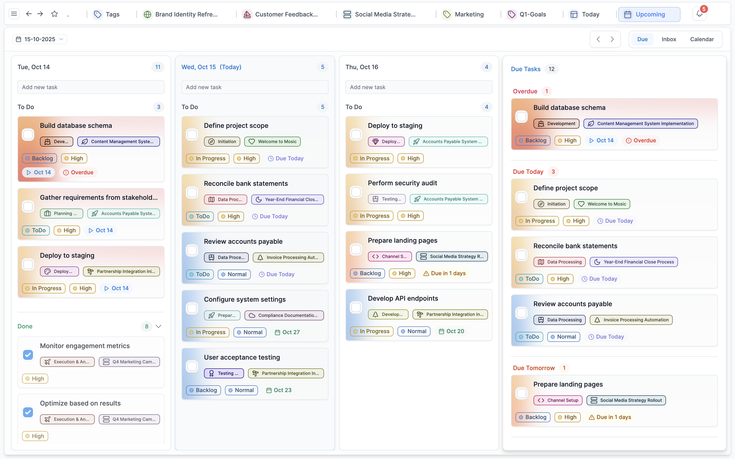 Mosaic today page showing focused task list with time estimates, priority badges, and due dates